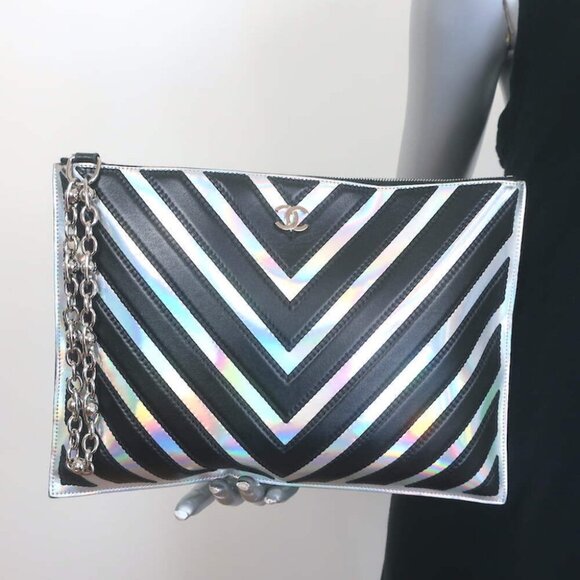 Chanel Holographic Chevron Zip Pouch Black & Silver Medium Wristlet Clutch Bag - Picture 1 of 16